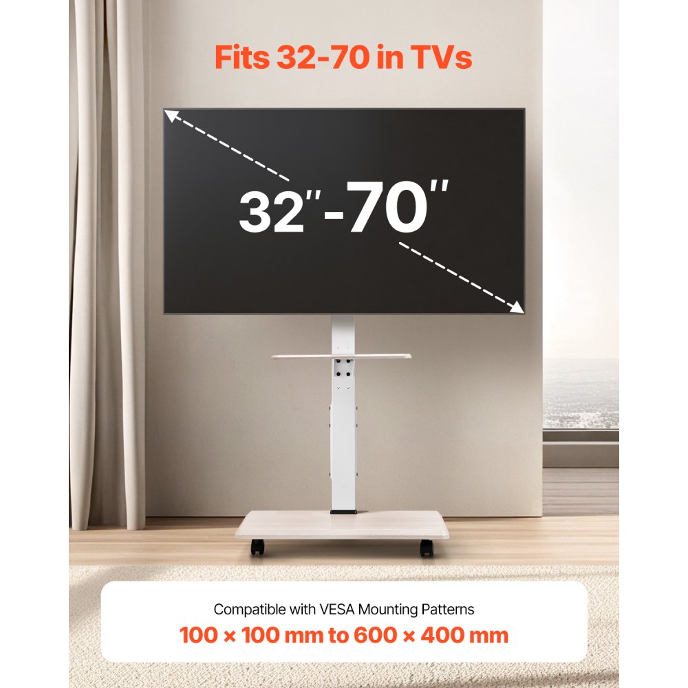 VEVOR Rolling TV Stand, Mobile TV Cart for 32-70 Inch Screens, 25° Left-Right Rotation and Height Adjustable TV Mount with Tray, Holds up to 88 lbs for Corner, Bedroom, Outdoor, Max VESA 600x400mm