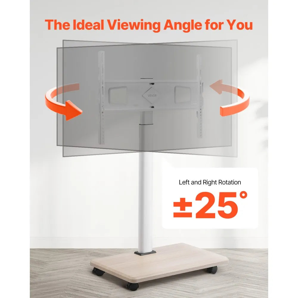 VEVOR Rolling TV Stand, Mobile TV Cart for 32-70 Inch Screens, 25° Left-Right Rotation and Height Adjustable TV Mount on Wheels, Holds up to 99 lbs for Corner, Bedroom, Outdoor, Max VESA 600x400mm