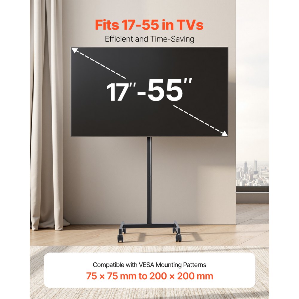 VEVOR Rolling TV Stand, Mobile TV Cart for 17-55 Inch Screens, Portrait to Landscape, Portable TV Stand with Wheels Holds up to 44 lbs for Living Room, Bedroom, Office, Outdoor, Max VESA 200x200mm