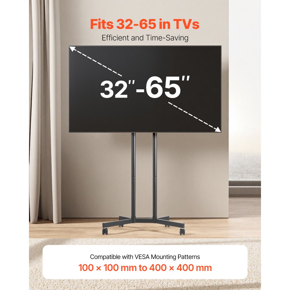 VEVOR Rolling TV Stand, Mobile TV Cart for 32-65 Inch Screens, Height Adjustable, Portable Monitor Stand with Wheels Holds up to 88 lbs for Living Room, Bedroom, Office, Outdoor, Max VESA 400x400mm