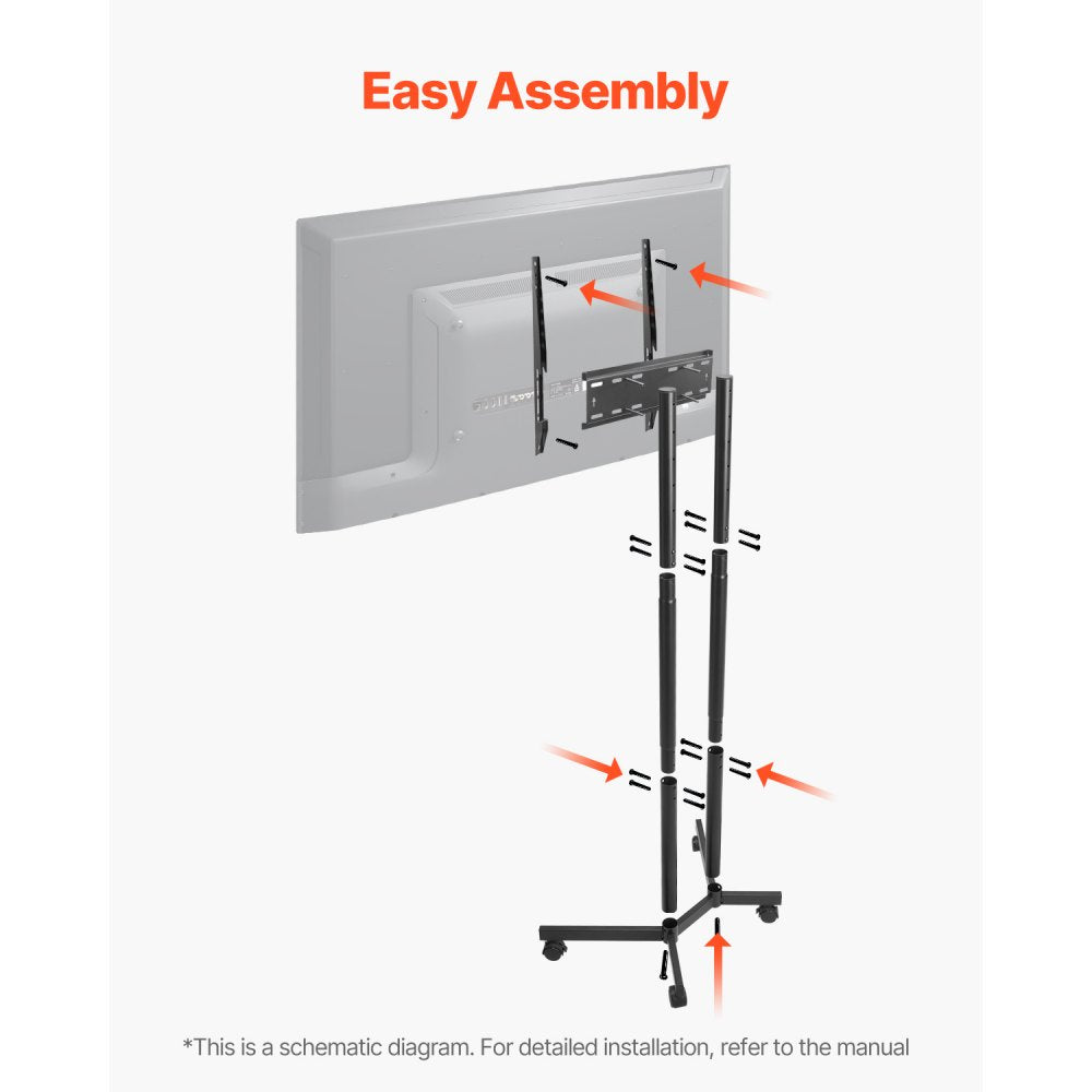 VEVOR Rolling TV Stand, Mobile TV Cart for 32-65 Inch Screens, Height Adjustable, Portable Monitor Stand with Wheels Holds up to 88 lbs for Living Room, Bedroom, Office, Outdoor, Max VESA 400x400mm