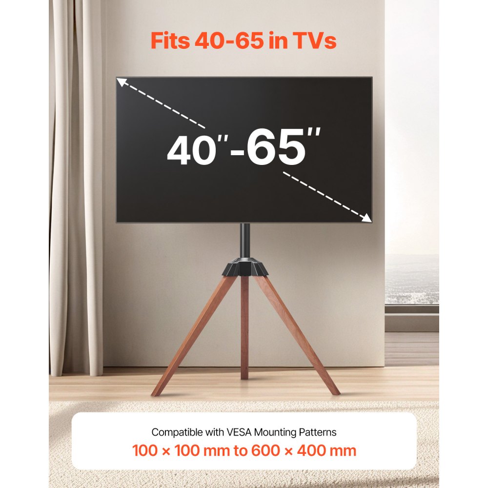 VEVOR Tripod Easel TV Stand, for 40-65 inch Flat Screen/Curved TVs Up to 99 lbs, 18° Left-Right Rotation Portable TV Stand with Oak Wood Legs, for Bedroom, Living Room, Studio, MAX VESA 600 x 400 mm