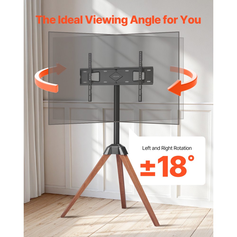 VEVOR Tripod Easel TV Stand, for 40-65 inch Flat Screen/Curved TVs Up to 99 lbs, 18° Left-Right Rotation Portable TV Stand with Oak Wood Legs, for Bedroom, Living Room, Studio, MAX VESA 600 x 400 mm
