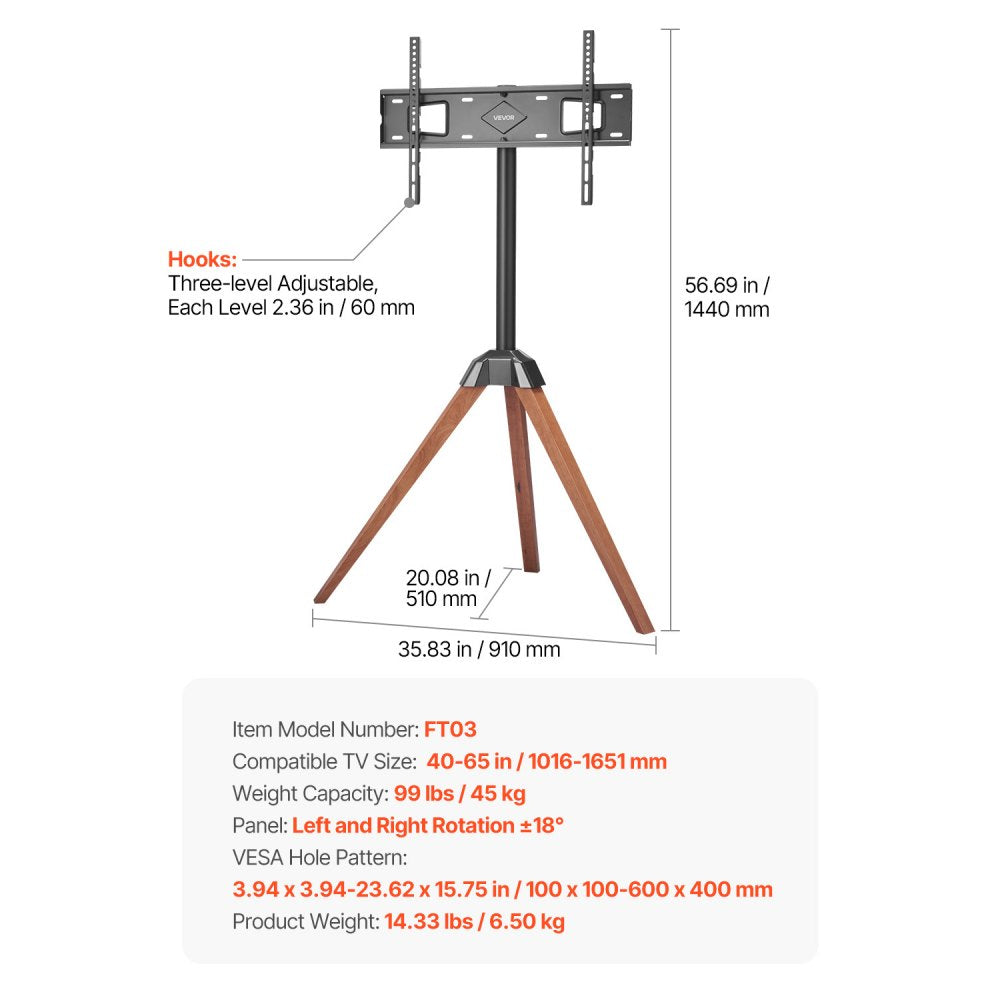 VEVOR Tripod Easel TV Stand, for 40-65 inch Flat Screen/Curved TVs Up to 99 lbs, 18° Left-Right Rotation Portable TV Stand with Oak Wood Legs, for Bedroom, Living Room, Studio, MAX VESA 600 x 400 mm