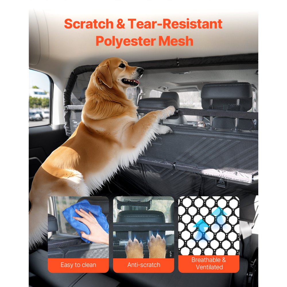 VEVOR Dog Car Barrier, 46" Wide Car Divider for Cargo Area, Vehicle Pet Barrier with See Through Net Mesh, Universal-Fit Dog Car Barrier for Small-Sized SUVs, Trucks and Vehicle, Black