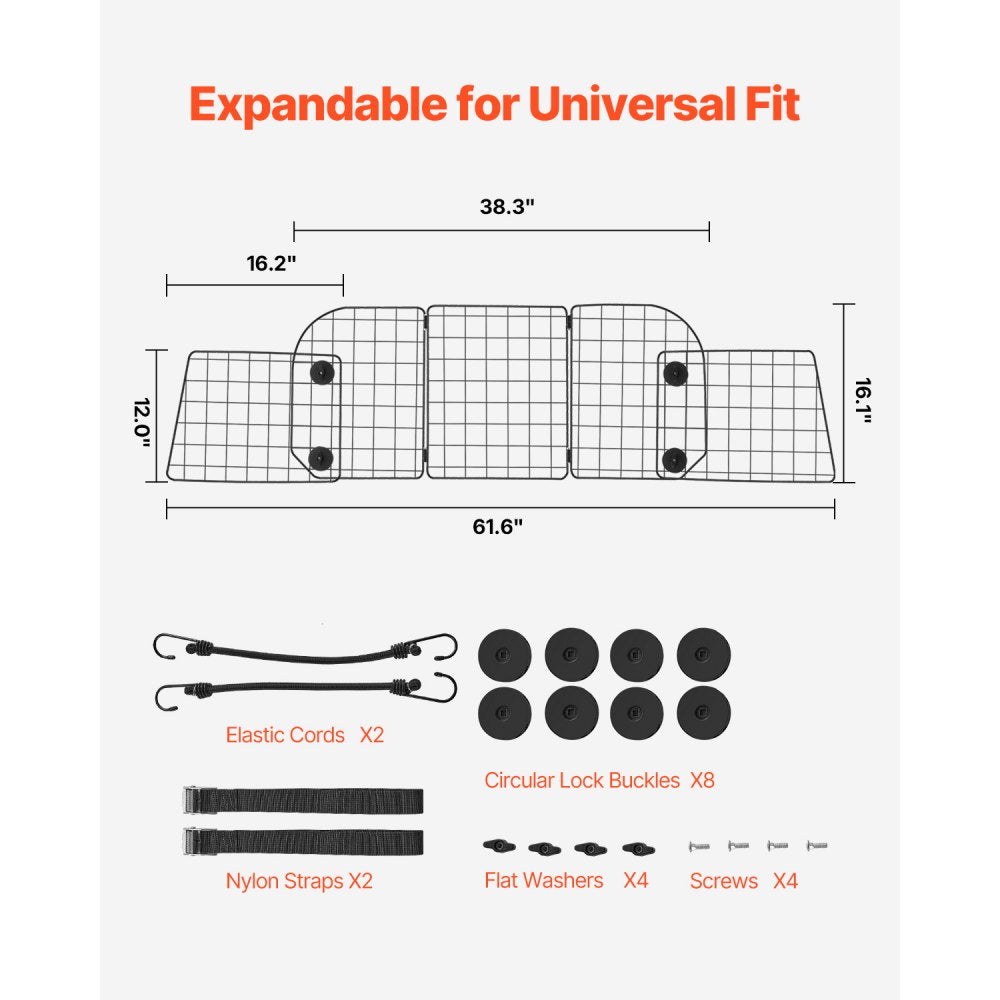 VEVOR Dog Car Barrier, 38.5"-61.6" Adjustable Car Divider for Trunk Cargo Area, Universal-Fit Back Seat Heavy-Duty Wire Mesh Dogs Separator Guard Net, Vehicle Pet Barrier for Sedans, Trucks and SUVs