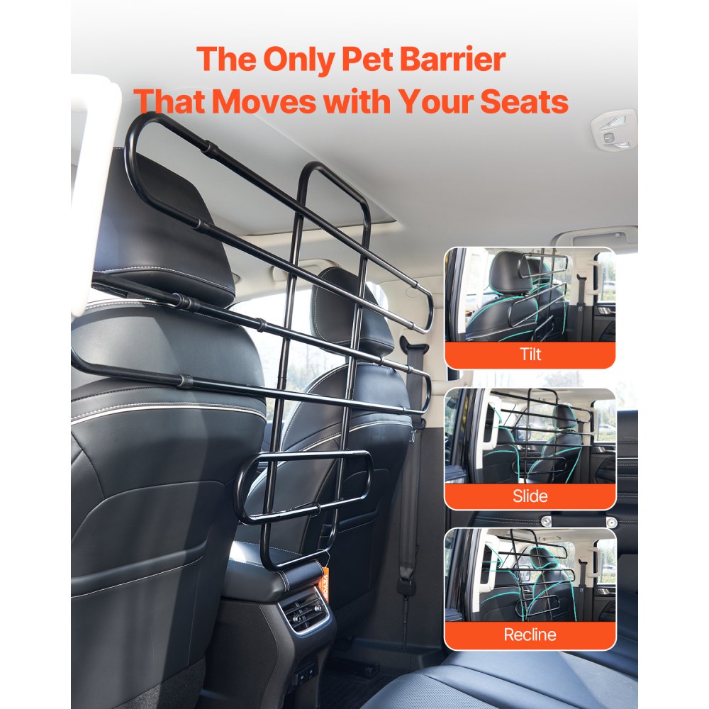 VEVOR Dog Car Barrier, Adjustable Universal-Fit Vehicle Pet Barrier for Cars, Trucks, SUVs, Moves with Your Vehicle, Tilt Slide Recline, Easy Install Dog Car Gate - Strong Metal Tubing Gate Divider