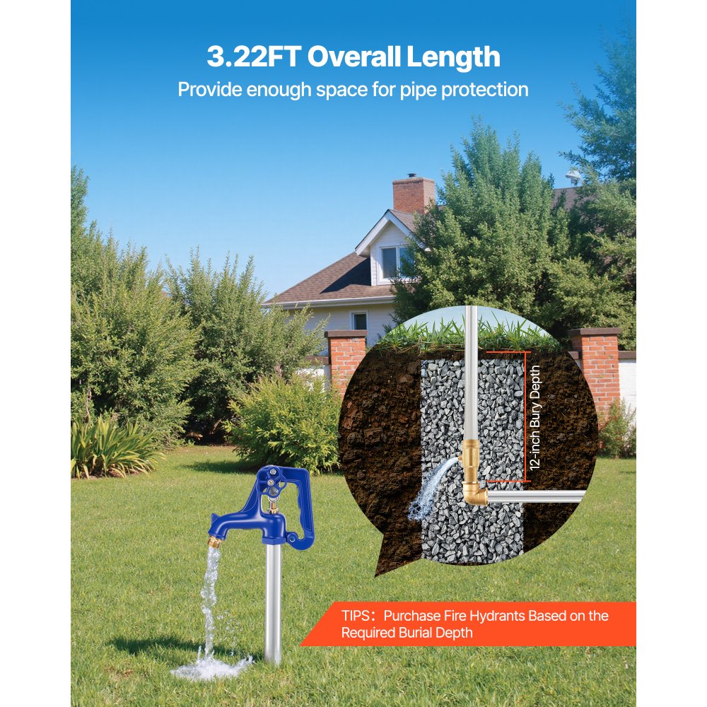 VEVOR Frost Proof Yard Hydrant, 3.22FT Freeze-Proof Outdoor Faucet with 12" Bury Depth, 3/4" NPT Pipe Connection, Lever Handle + Handwheel, No Lead Freezeless Hydrant for Yard Garden Farm Irrigation