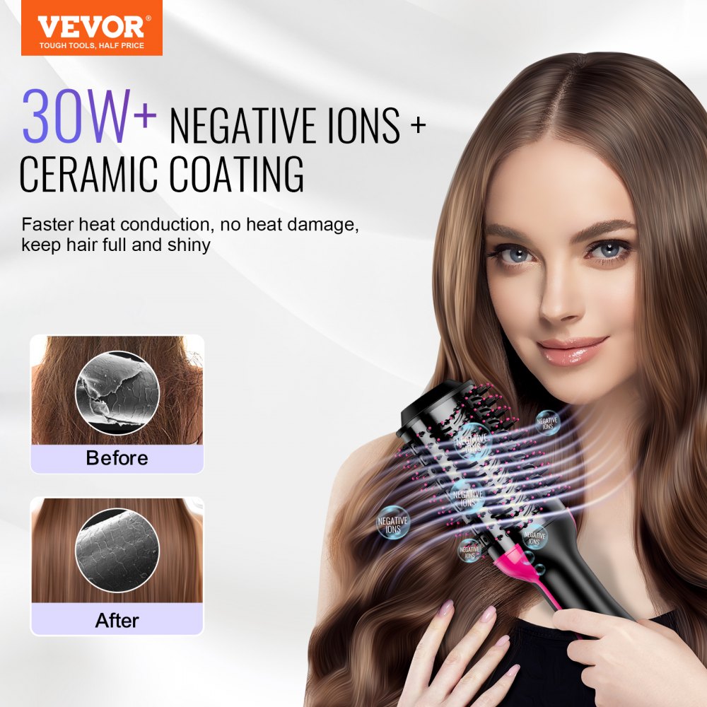 VEVOR Hair Blow Dryer Brush, 4 in 1 Ionic Hair Dryer and Styler Volumizer with 2.95" Ceramic Coating Oval Barrel & 3 Heat Settings, Professional Hot Air Styling Brush for Straightening Drying Curling