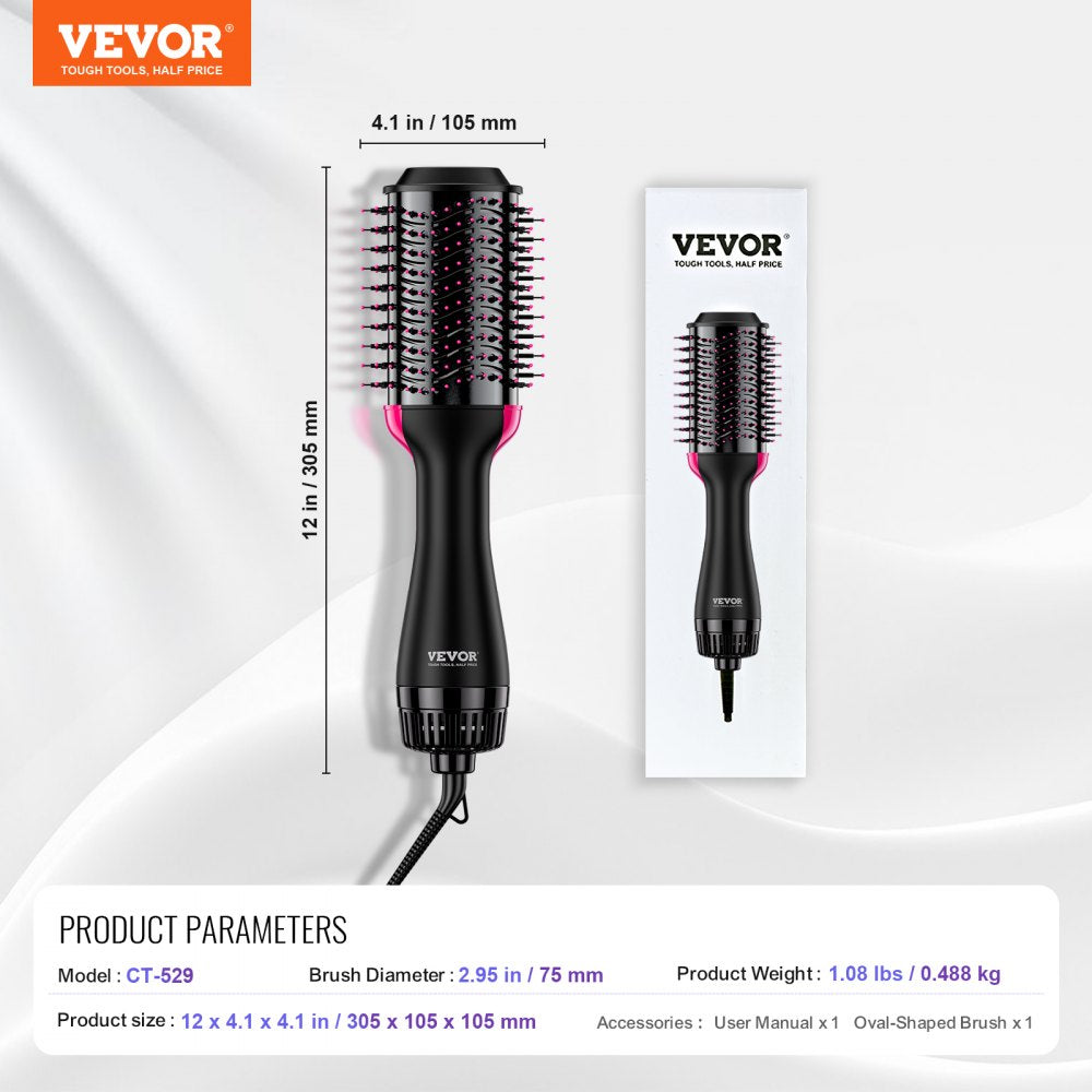 VEVOR Hair Blow Dryer Brush, 4 in 1 Ionic Hair Dryer and Styler Volumizer with 2.95" Ceramic Coating Oval Barrel & 3 Heat Settings, Professional Hot Air Styling Brush for Straightening Drying Curling