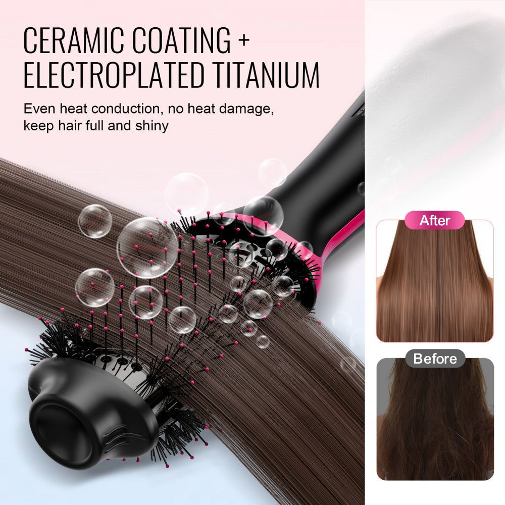 VEVOR Hair Blow Dryer Brush, 4 in 1 Ionic Hair Styler and Volumizer with Electroplated Titanium & 2.56" Ceramic Coating Oval Barrel, Dual Voltage 110V/240V Hot Air Styling Brush for Salon Home Travel
