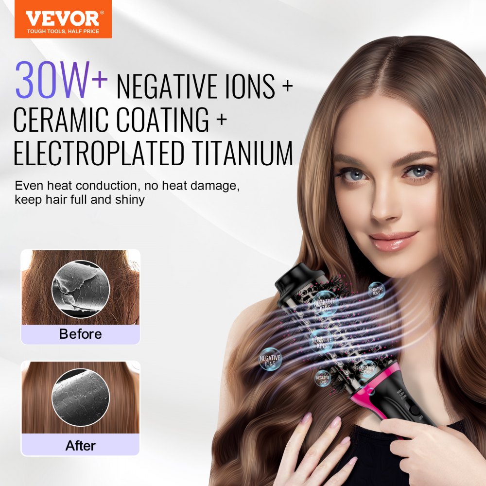 VEVOR Hair Blow Dryer Brush, 4 in 1 Ionic Hair Dryer Styler and Volumizer with Electroplated Titanium & 2.56" Ceramic Coating Oval Barrel, 3-Temp Hot Air Styling Brush for Drying Straightening Curling
