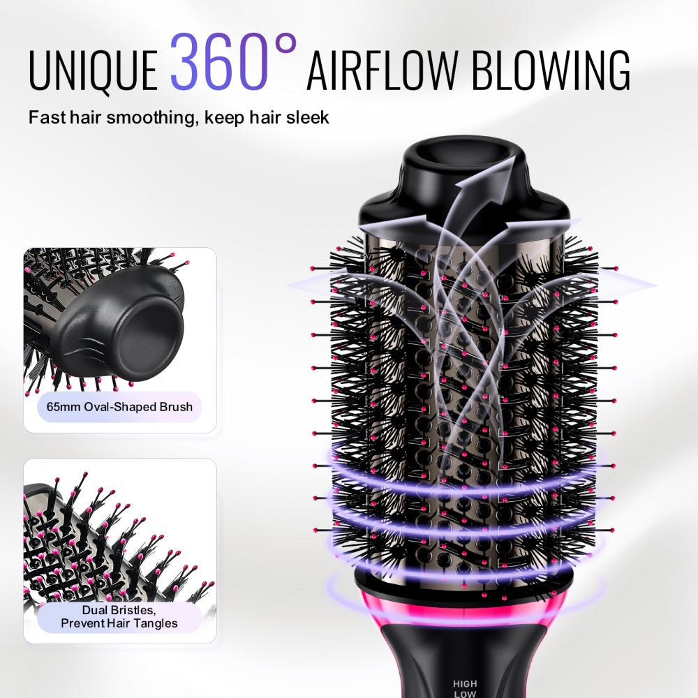 VEVOR Hair Blow Dryer Brush, 4 in 1 Ionic Hair Dryer Styler and Volumizer with Electroplated Titanium & 2.56" Ceramic Coating Oval Barrel, 3-Temp Hot Air Styling Brush for Drying Straightening Curling