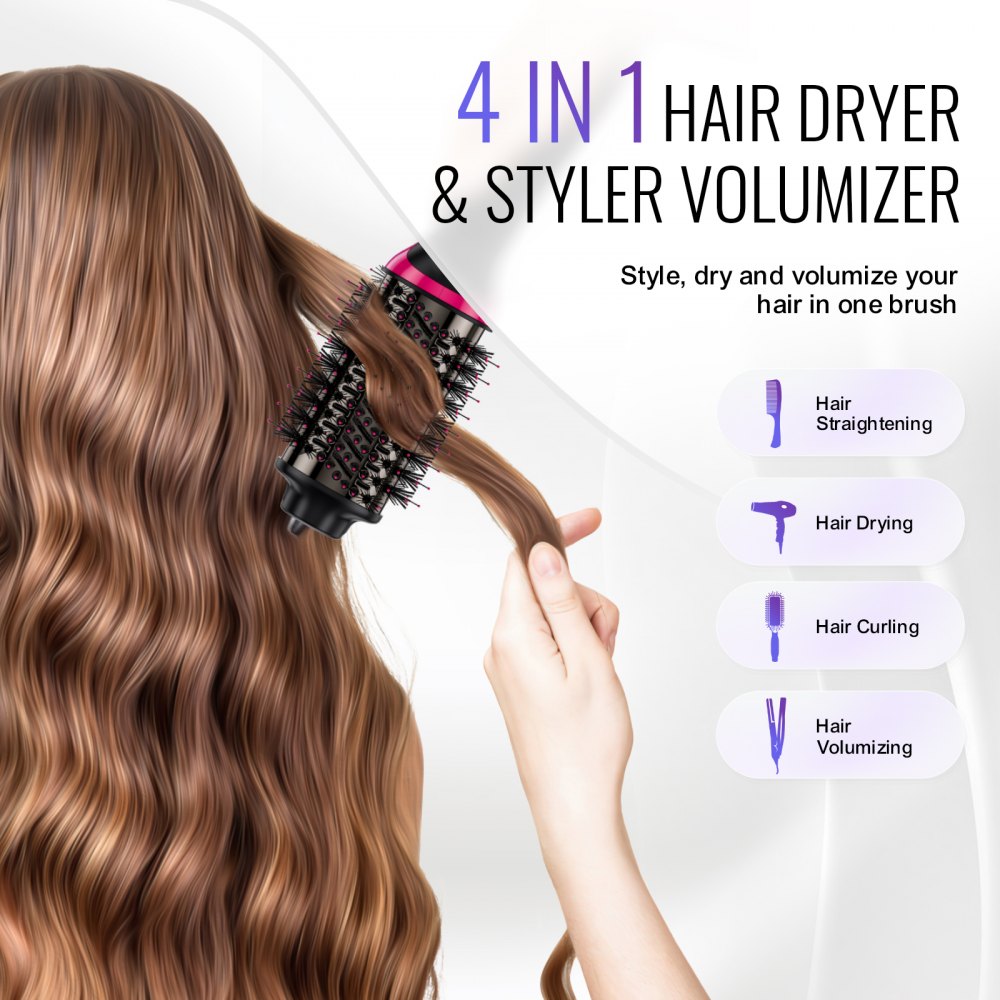 VEVOR Hair Blow Dryer Brush, 4 in 1 Ionic Hair Dryer Styler and Volumizer with Electroplated Titanium & 2.56" Ceramic Coating Oval Barrel, 3-Temp Hot Air Styling Brush for Drying Straightening Curling