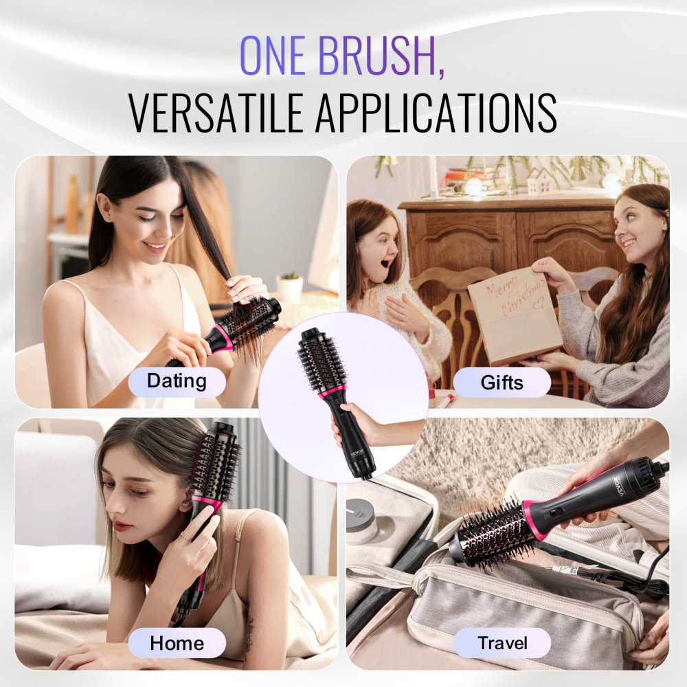 VEVOR Hair Blow Dryer Brush, 4 in 1 Ionic Hair Dryer Styler and Volumizer with Electroplated Titanium & 2.56" Ceramic Coating Oval Barrel, 3-Temp Hot Air Styling Brush for Drying Straightening Curling