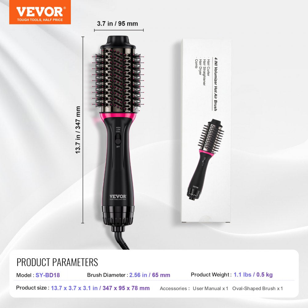 VEVOR Hair Blow Dryer Brush, 4 in 1 Ionic Hair Dryer Styler and Volumizer with Electroplated Titanium & 2.56" Ceramic Coating Oval Barrel, 3-Temp Hot Air Styling Brush for Drying Straightening Curling