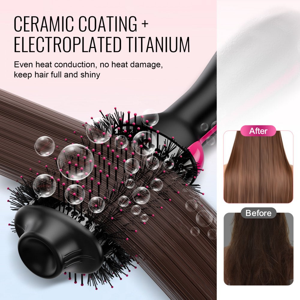 VEVOR Hair Blow Dryer Brush, 4 in 1 Ionic Hair Styler and Volumizer with Electroplated Titanium & 2.95" Ceramic Coating Oval Barrel, Dual Voltage 110V/240V Hot Air Styling Brush for Salon Home Travel