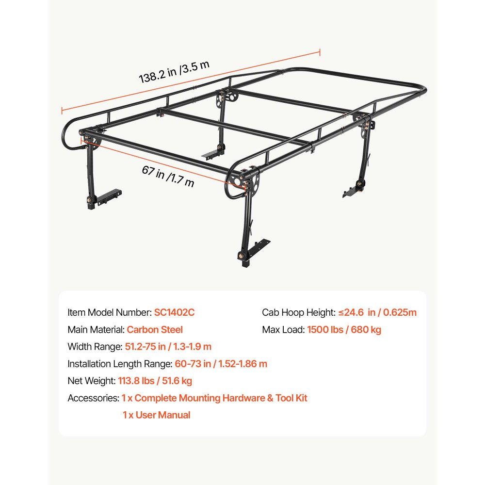 VEVOR Truck Ladder Rack 1500LBS Capacity Universal Over-Cab Trucks Bed Rack, 51.2"-75" Adjustable for Kayak Surfboard Lumber, Non-Drilling Installation, Heavy Duty Steel Support for Long Heavy Cargo