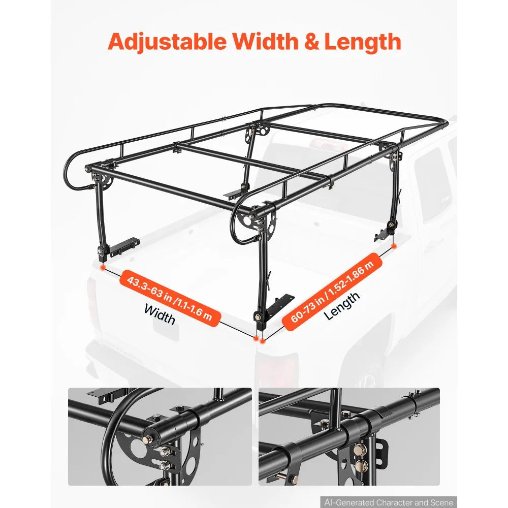 VEVOR Truck Ladder Rack 800LBS Capacity Universal Over-Cab Trucks Bed Rack, 43.3"-63" Width Adjustable for Kayak Surfboard Lumber, Non-Drilling/Drilling Installation, Fits Short-Bed & Long-Bed Trucks