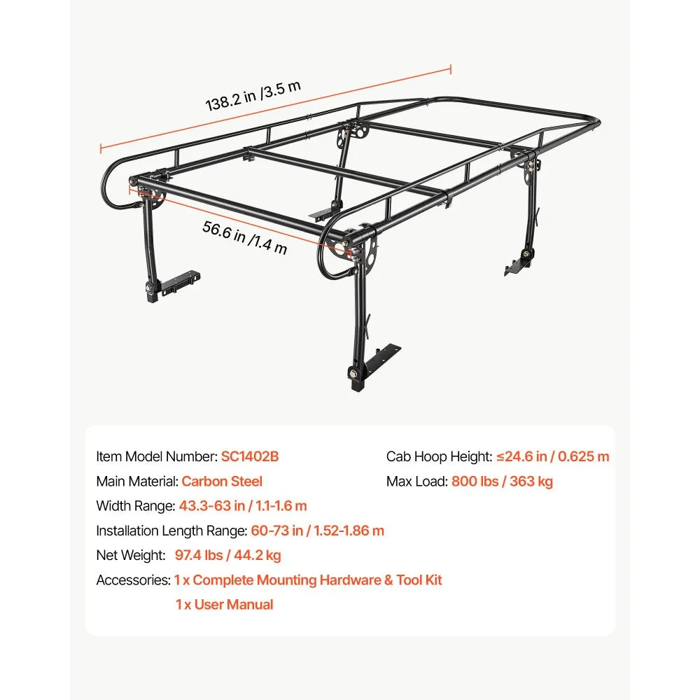 VEVOR Truck Ladder Rack 800LBS Capacity Universal Over-Cab Trucks Bed Rack, 43.3"-63" Width Adjustable for Kayak Surfboard Lumber, Non-Drilling/Drilling Installation, Fits Short-Bed & Long-Bed Trucks