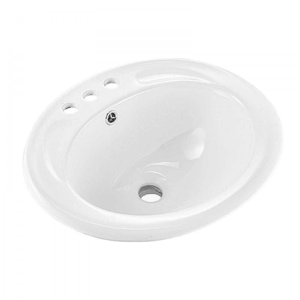 VEVOR Semi Recessed Bathroom Sink, 19.09 x 16.73 Inch Oval White Ceramic Vessel Sink with Overflow Hole and 3 Faucet Holes, Drop in Modern Lavatory Vanity Bath Wash Bowl Basin, Ideal for Small Spaces