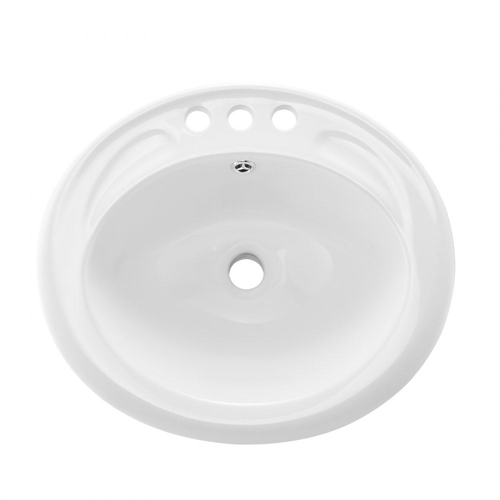 VEVOR Semi Recessed Bathroom Sink, 19.09 x 16.73 Inch Oval White Ceramic Vessel Sink with Overflow Hole and 3 Faucet Holes, Drop in Modern Lavatory Vanity Bath Wash Bowl Basin, Ideal for Small Spaces