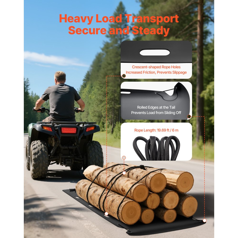 VEVOR Yard Drag Sled, 110 x 46 in, 2000lbs Heavy Duty Utility Sled, HDPE Drag Glider with Ropes & Pull Cable, Dual Use Game Hauler for Firewood Ice Fishing, Compatible with ATVs UTVs Tractors