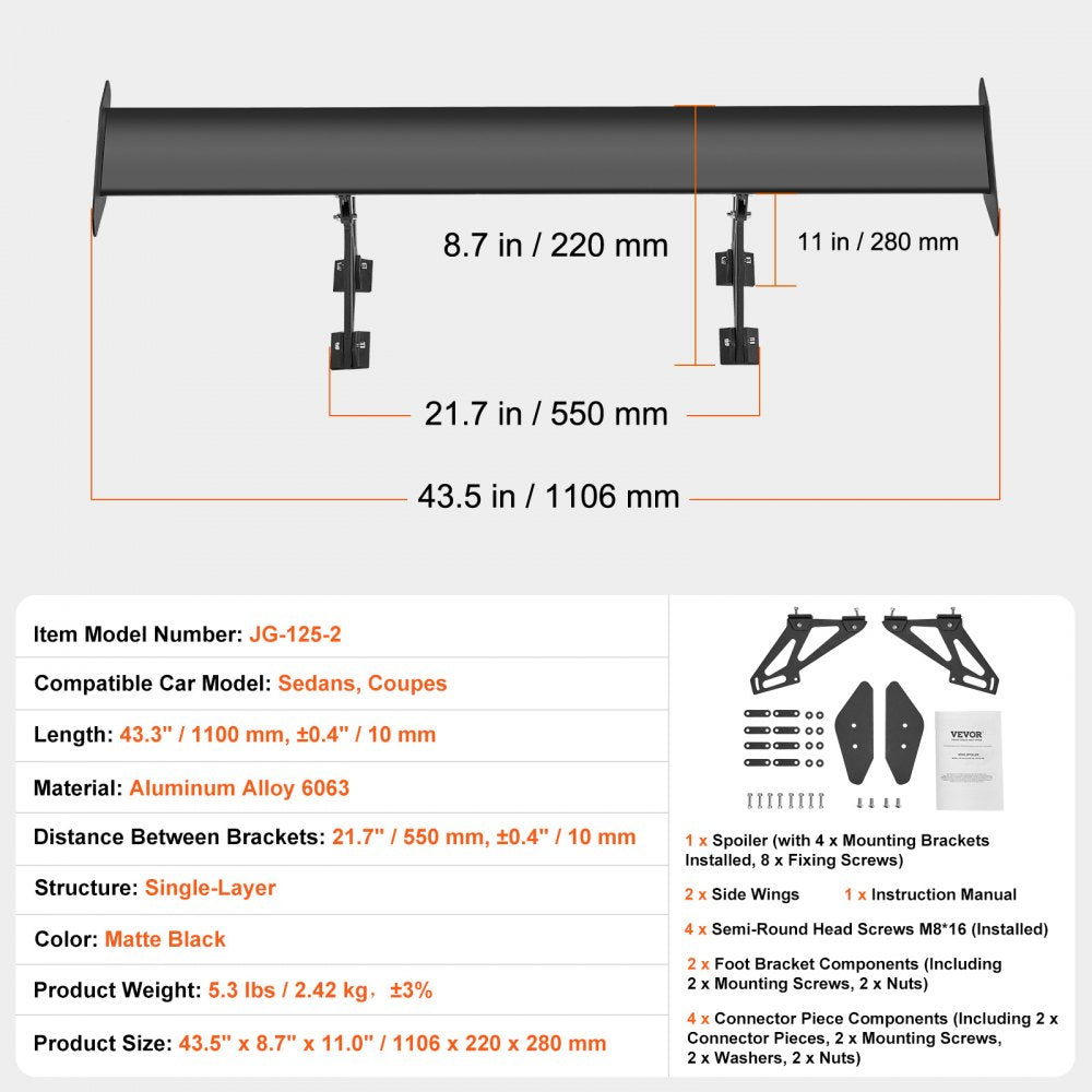 VEVOR GT Wing Car Spoiler, 43.3 inch Universal Spoiler with Single Deck, Adjustable Lightweight Aluminum, Car Rear Spoiler Wing, Racing Spoiler BGW/JDM Drift Black