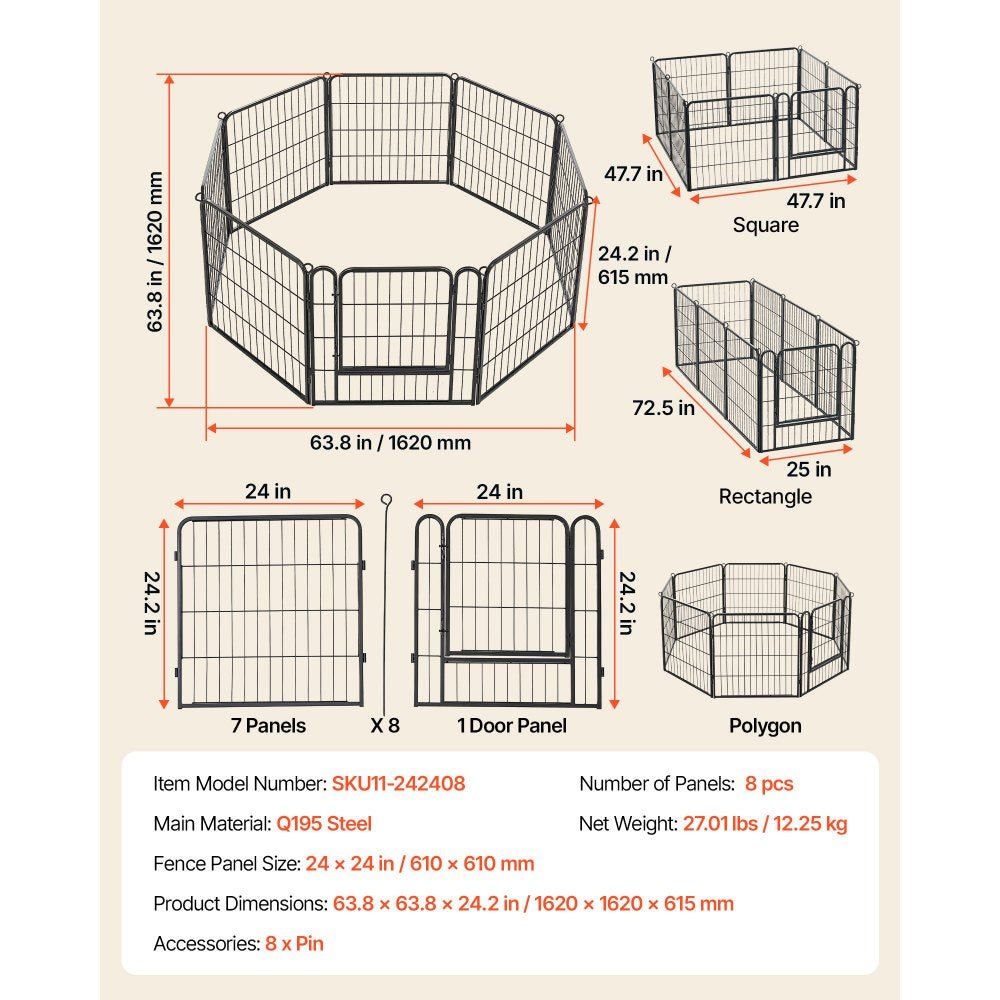 VEVOR Dog Playpen 24 Inch 8 Panels Foldable Metal Exercise Pen Pet Fence, Indoor/Outdoor Heavy Duty Puppy Crate Kennel with Door for Dogs, Cats or Small Animals, Portable for RV Camping, Yard, Black