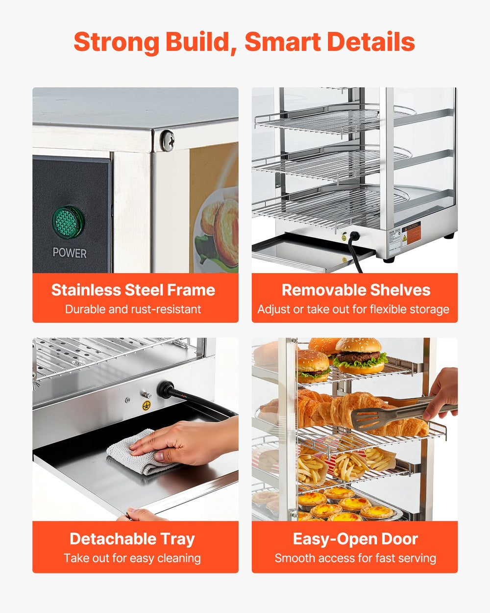 VEVOR Food Display Warmer - stainless steel frame, removable shelves, tray, and door detail graphic