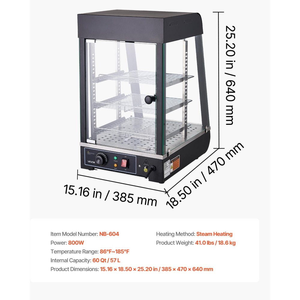 VEVOR 3-Tier Commercial Food Warmer Display, 800W Food Display Warmer with LED Light, Top Storage and Adjustable Shelves, 86℉~185℉ Steam Heating, 60 Qt /57L for Hamburger, Pizza, Bread, Fried Chicken