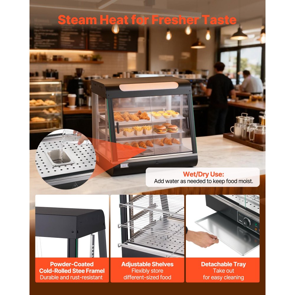 VEVOR 3-Tier Commercial Food Warmer Display, 1200W Food Display Warmer with LED Light, Top Storage and Adjustable Shelves, 86℉~185℉ Steam Heating, 106Qt/100L for Hamburger, Pizza, Bread, Fried Chicken