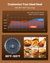 VEVOR food warmer display temperature control range graphic 86°F-185°F
