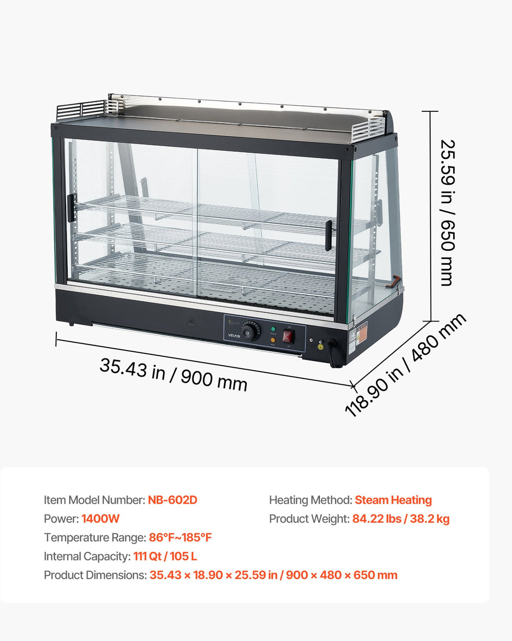 VEVOR food warmer display dimensions and specs graphic
