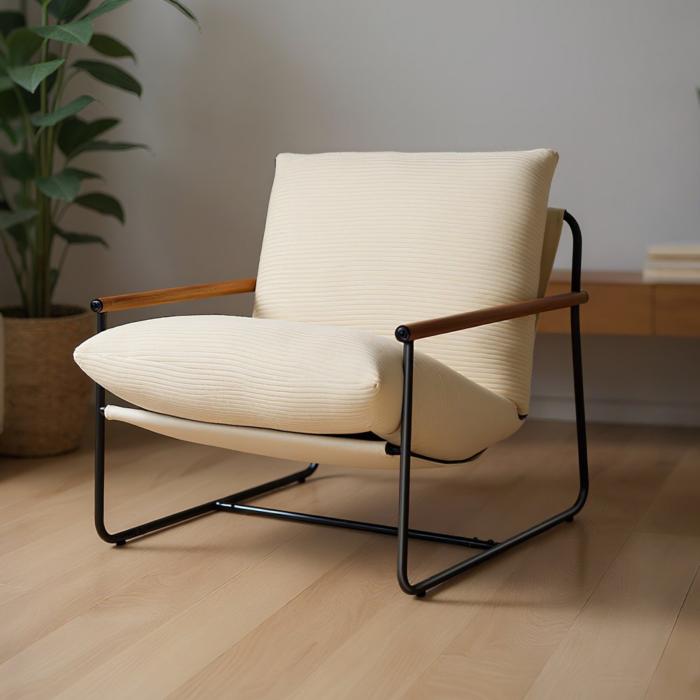 VEVOR Accent Chair, Metal Framed Chair with Wooden Armrests, Modern Cozy Upholstered Armchair, with Soft Foam Cushioning, Detachable Cushion, for Living Room, Bedroom, Reading Room, Office, Beige