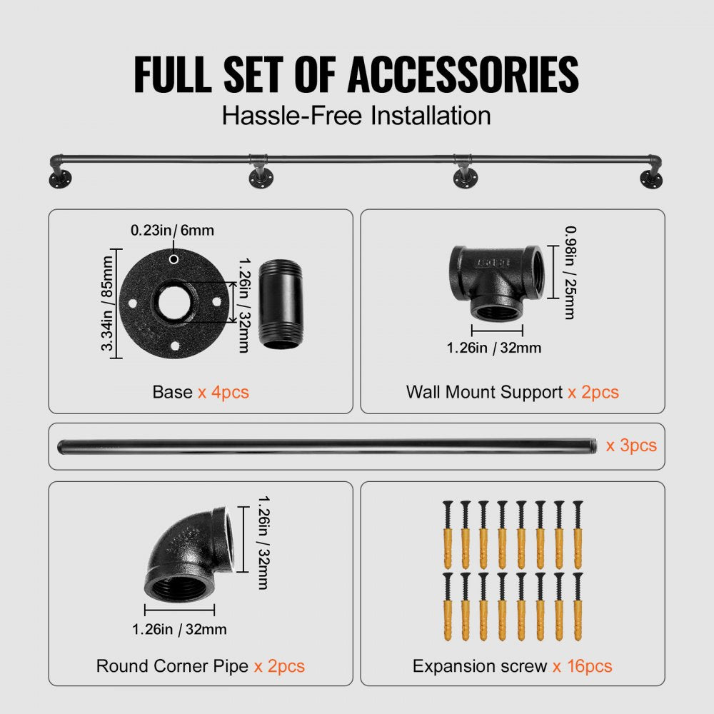 VEVOR Pipe Stair Handrail, 10FT Staircase Handrail, 440LBS Load Capacity Carbon Steel Pipe Handrail, Industrial Pipe Handrail with Wall Mount Support, Round Corner Wall Handrailing for Indoor, Outdoor