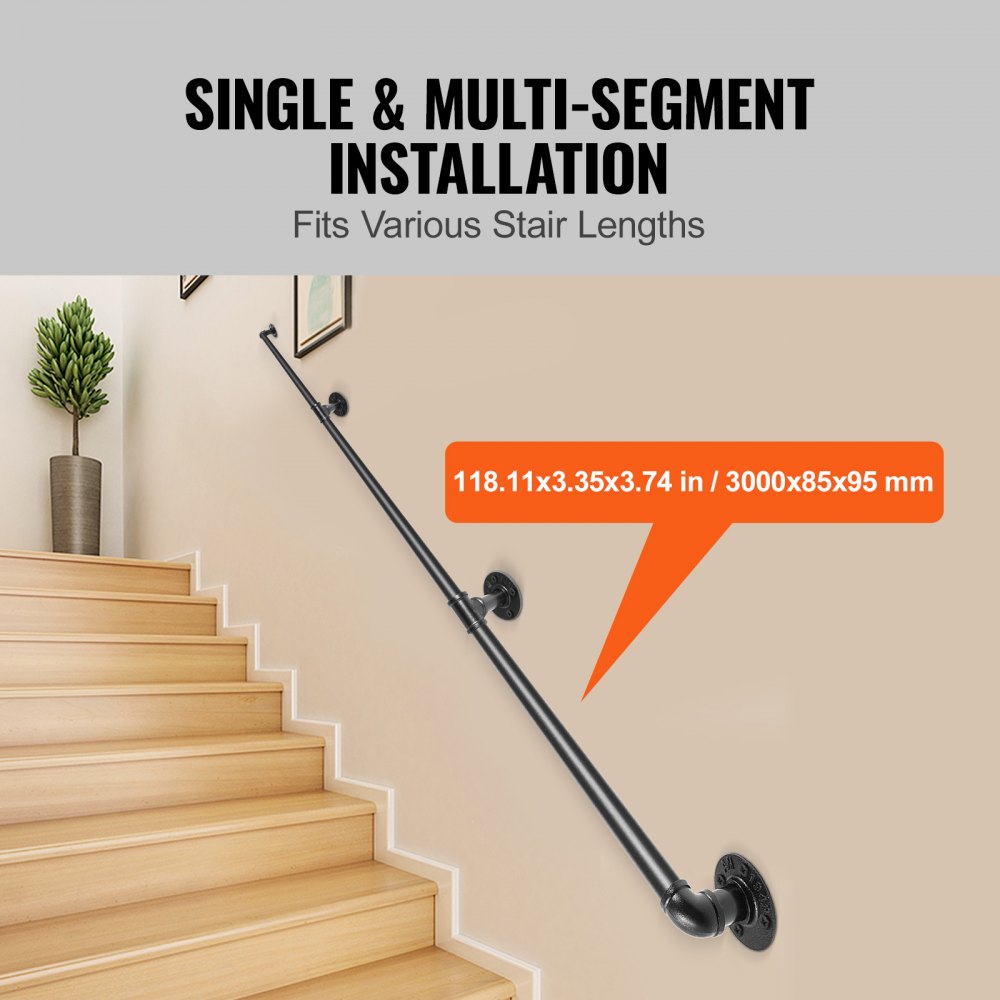 VEVOR Pipe Stair Handrail, 10FT Staircase Handrail, 440LBS Load Capacity Carbon Steel Pipe Handrail, Industrial Pipe Handrail with Wall Mount Support, Round Corner Wall Handrailing for Indoor, Outdoor