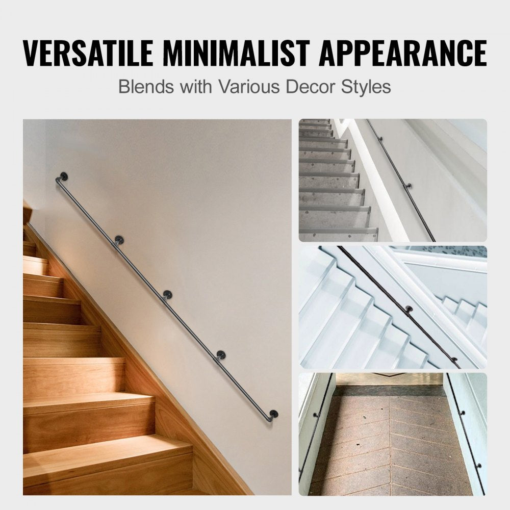 VEVOR Pipe Stair Handrail, 13FT Staircase Handrail, 440LBS Load Capacity Carbon Steel Pipe Handrail, Industrial Pipe Handrail with Wall Mount Support, Round Corner Wall Handrailing for Indoor, Outdoor