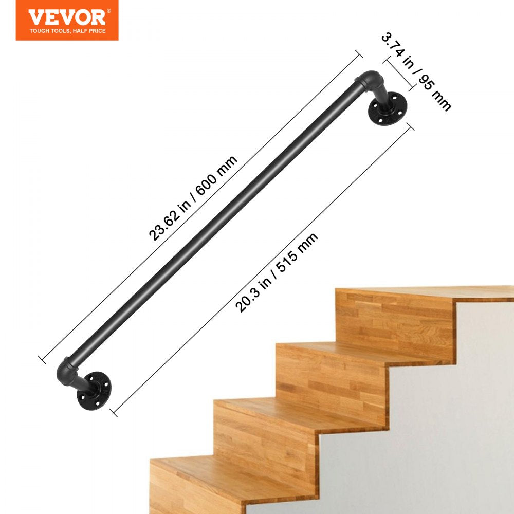 VEVOR Pipe Stair Handrail, 2FT Staircase Handrail, 440LBS Load Capacity Carbon Steel Pipe Handrail, Industrial Pipe Handrail with Wall Mount Support, Round Corner Wall Handrailings for Indoor, Outdoor
