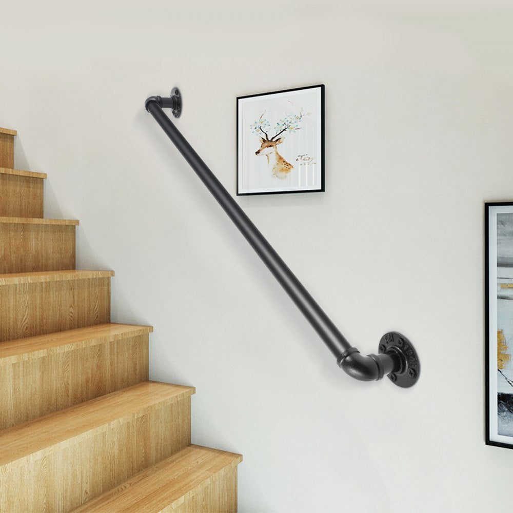 VEVOR Pipe Stair Handrail, 2FT Staircase Handrail, 440LBS Load Capacity Carbon Steel Pipe Handrail, Industrial Pipe Handrail with Wall Mount Support, Round Corner Wall Handrailings for Indoor, Outdoor