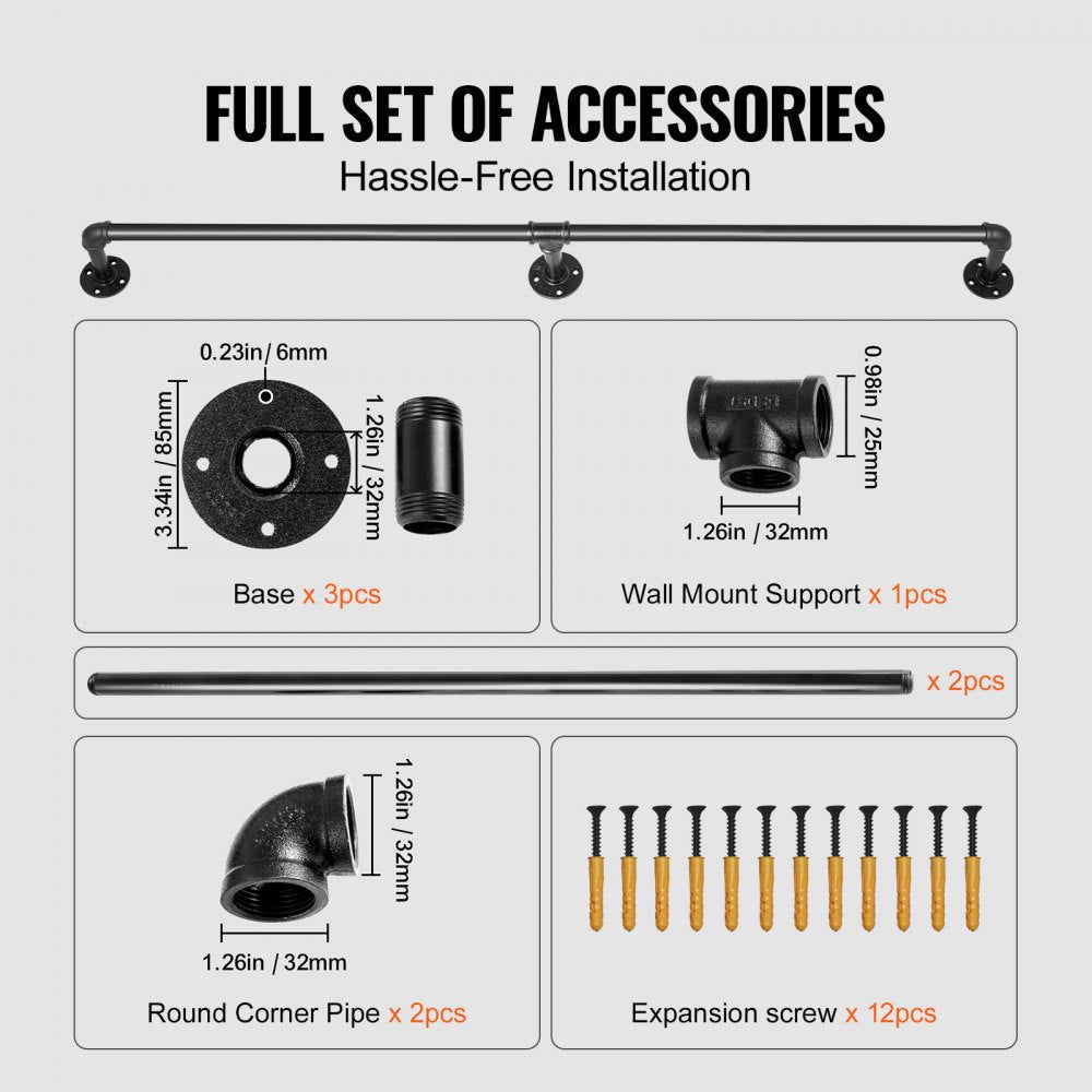 VEVOR Pipe Stair Handrail, 4FT Staircase Handrail, 440LBS Load Capacity Carbon Steel Pipe Handrail, Industrial Pipe Handrail with Wall Mount Support, Round Corner Wall Handrailings for Indoor, Outdoor