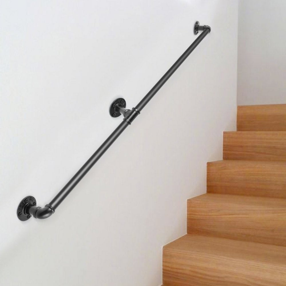 VEVOR Pipe Stair Handrail, 4FT Staircase Handrail, 440LBS Load Capacity Carbon Steel Pipe Handrail, Industrial Pipe Handrail with Wall Mount Support, Round Corner Wall Handrailings for Indoor, Outdoor