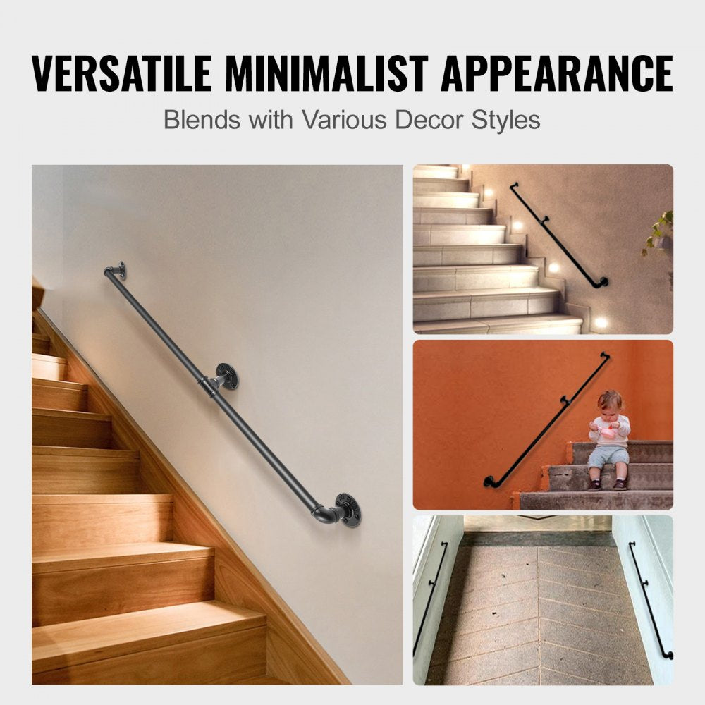 VEVOR Pipe Stair Handrail, 5FT Staircase Handrail, 440LBS Load Capacity Carbon Steel Pipe Handrail, Industrial Pipe Handrail with Wall Mount Support, Round Corner Wall Handrailings for Indoor, Outdoor