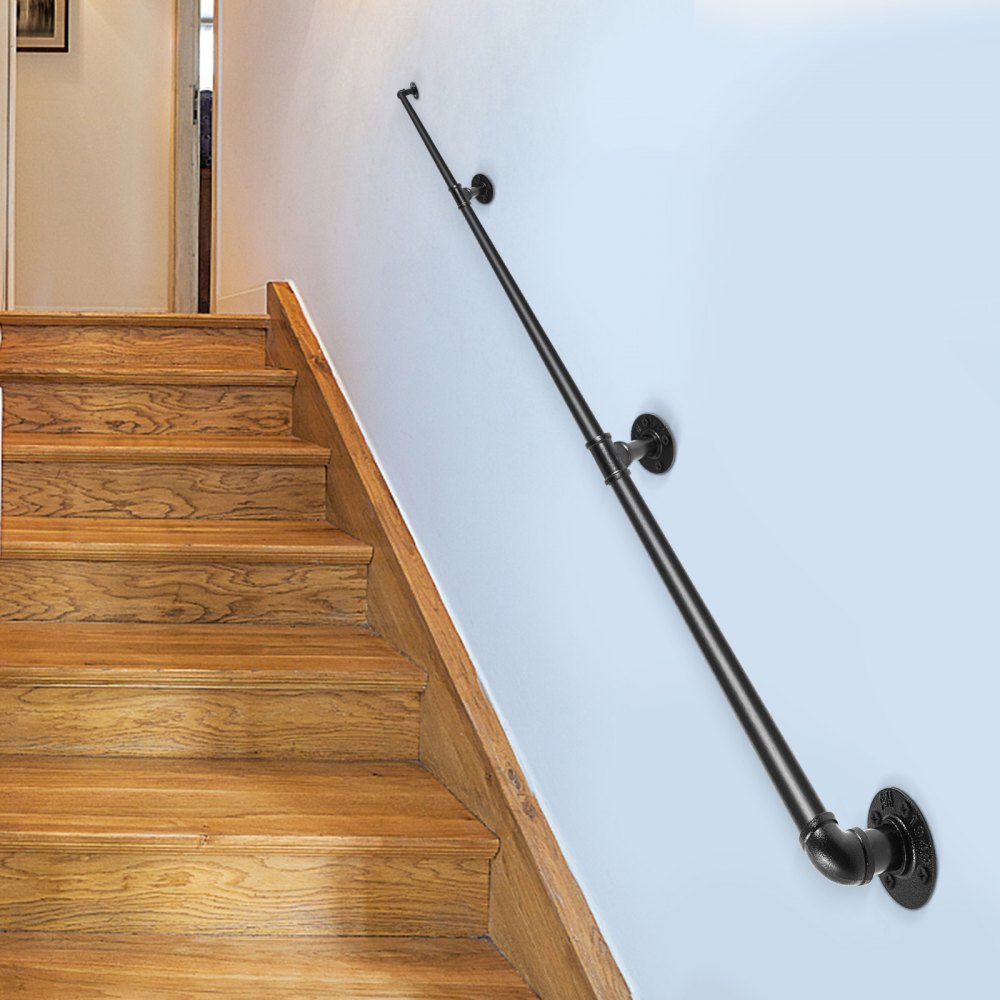 VEVOR Pipe Stair Handrail, 8FT Staircase Handrail, 440LBS Load Capacity Carbon Steel Pipe Handrail, Industrial Pipe Handrail with Wall Mount Support, Round Corner Wall Handrailings for Indoor, Outdoor