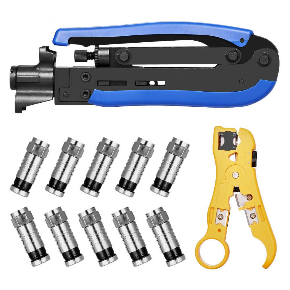 VEVOR Coax Cable Crimper Kit, Coaxial Cable Compression Kit with a Crimping Tool, a Wire Stripper, and 30PCS F-Type RG6 Connector, Compatible with RG6, RG59, RG11 Coax Cable, Lightweight & Portable