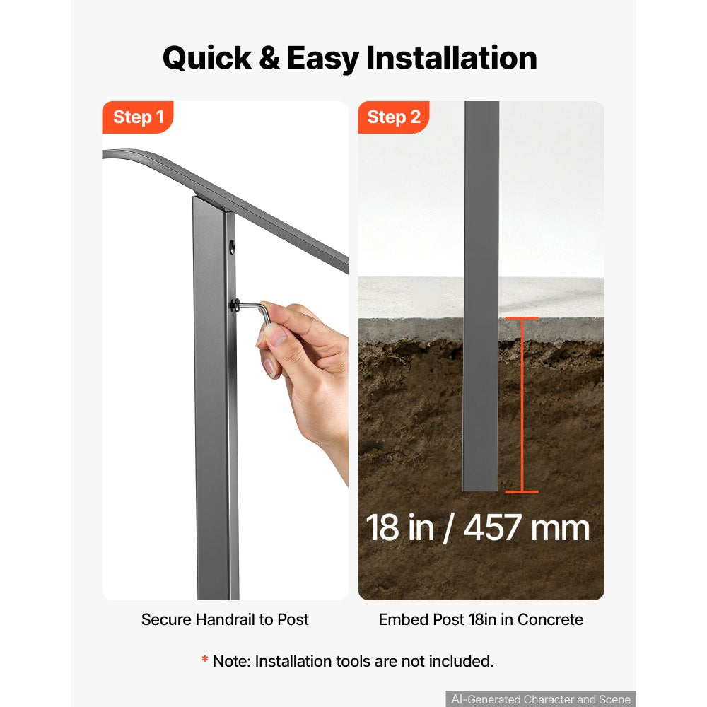 VEVOR Handrails for Outdoor Steps, 1-2 Step Single-Post Stair Hand Rail Kit, Gray Stair Rails for Seniors, Concrete Steps & Porch & Deck, Heavy-Duty Galvanized Steel Railings w/ Installation Hardware