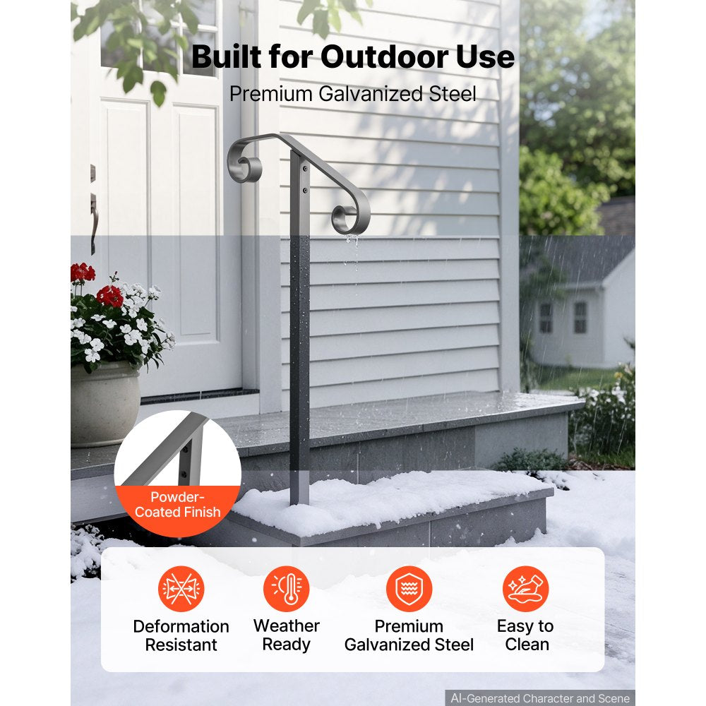 VEVOR Handrails for Outdoor Steps, 1-2 Step Single-Post Stair Hand Rail Kit, Gray Stair Rails for Seniors, Concrete Steps & Porch & Deck, Heavy-Duty Galvanized Steel Railings w/ Installation Hardware