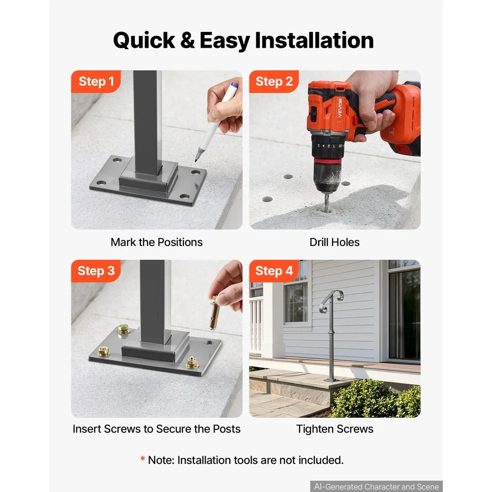 VEVOR Handrails for Outdoor Steps, 1-2 Step Single-Post Stair Hand Rail Kit, Gray Stair Rails for Seniors, Concrete Steps & Porch & Deck, Heavy-Duty Galvanized Steel Railings w/ Base & Installation Kit
