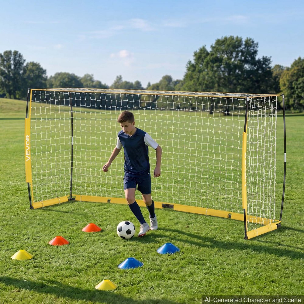 VEVOR Soccer Goal 12 x 6 FT Soccer Net for Backyard Collapsible Base Yellow, Portable & Quick Setup, with Metal Base, Carry Bag, Ground Stakes, for Youth & Adults Outdoor Backyard Practice Training