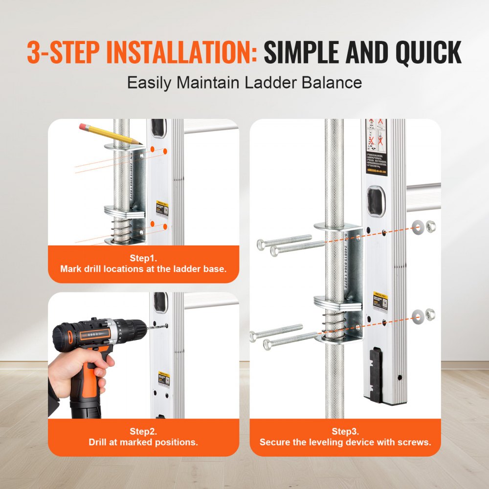 VEVOR Ladder Levler, 23.4 inch Steel 550lbs Load Ladder Leveling Tool, Pitch Hopper, Stair Ladder Stabilizer with Storage, Easy to Use for All Surfaces,Extension Ladder Accessories for Uneven Ground
